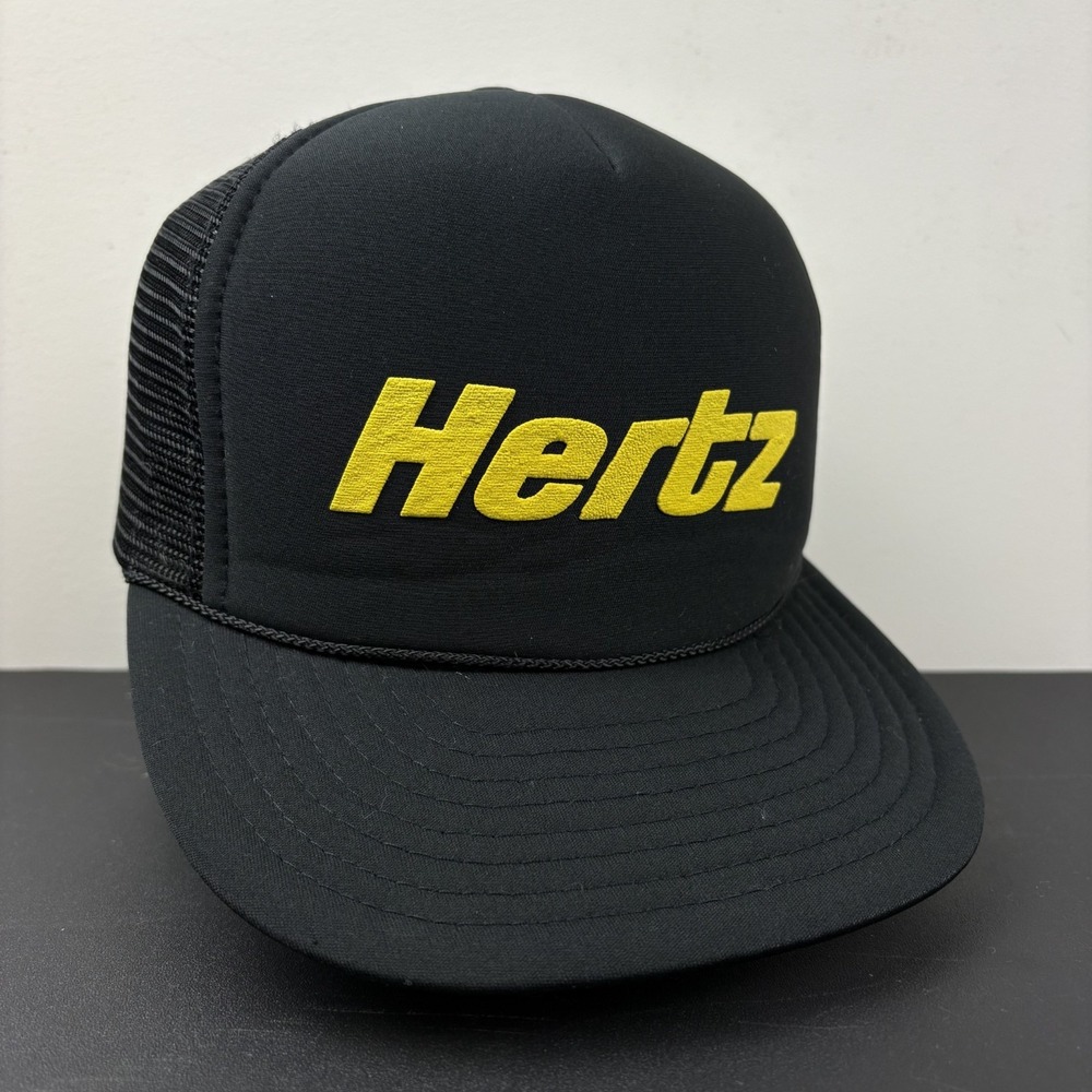 Vintage 90s Hertz Car Rental Black Mesh Foam Trucker Snapback Hat Cap Adjustable